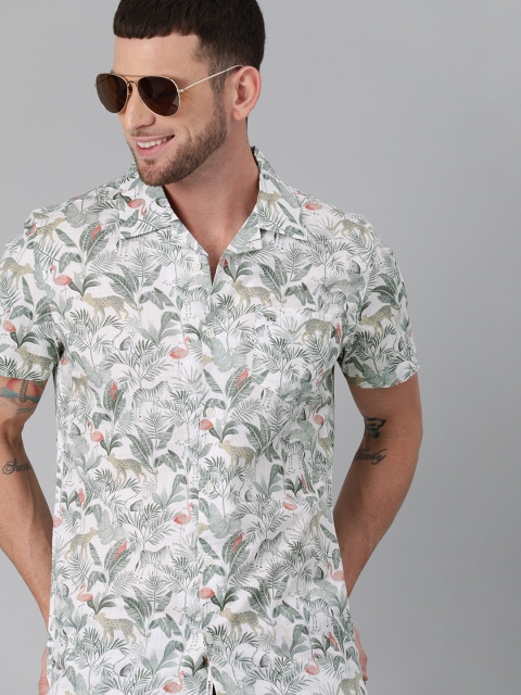 

THE BEAR HOUSE Men Off-White & Green Slim Fit Tropical Print Pure Cotton Casual Shirt