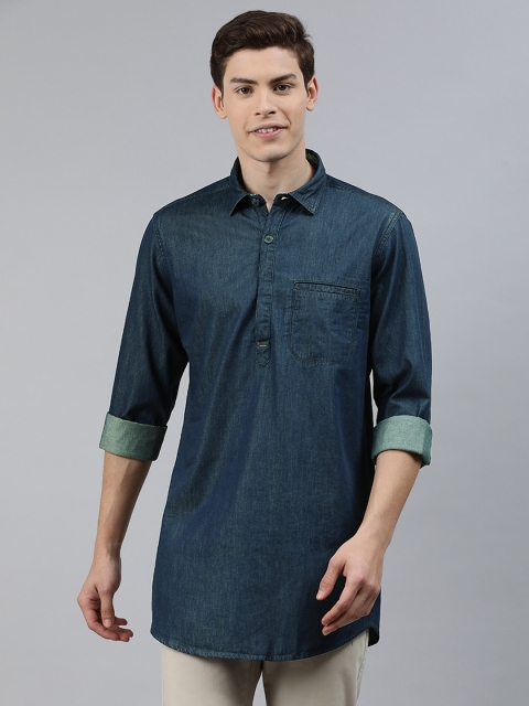 

Ethnix by Raymond Men Navy Blue Solid Straight Chambray Kurta