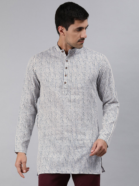 

Ethnix By Raymond Men Blue & Off White Striped Pure Cotton Kurta