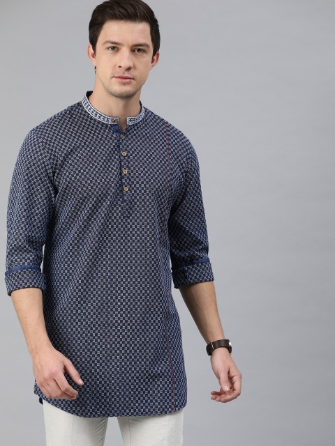 

Ethnix by Raymond Men Navy Blue & White Woven Design Straight Kurta