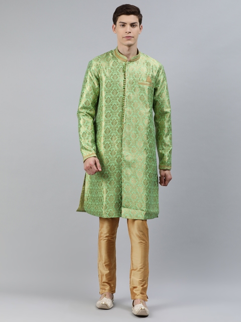 

Ethnix by Raymond Men Green & Gold-Toned Self Design Kurta with Churidar