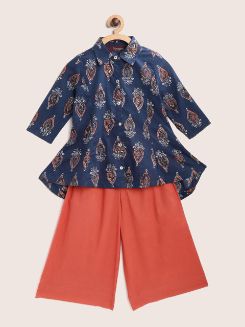 

Sangria Girls Navy Blue & Rust Orange Pure Cotton Ethnic Motifs Print Kurti with Palazzos