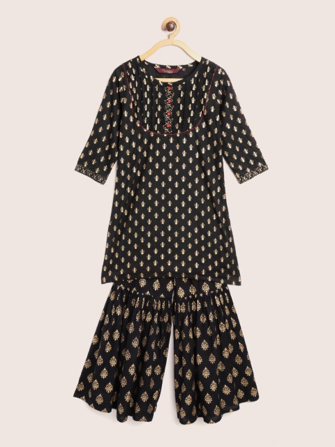 

Sangria Girls Black & Gold-toned Ethnic Motif Printed Kurta with Sharara