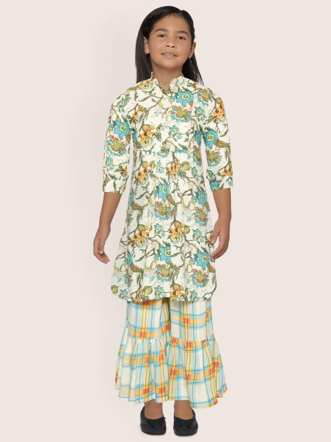 

Sangria Girls Off-White & Blue Printed Kurta with Sharara