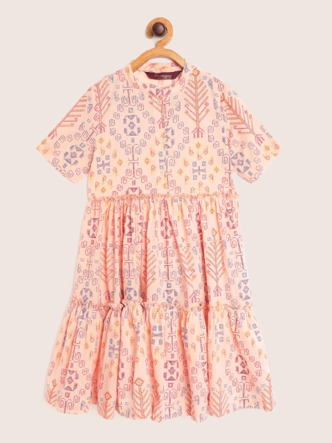 

Sangria Girls Peach-Coloured & Blue Geometric Print Tiered A-Line Dress