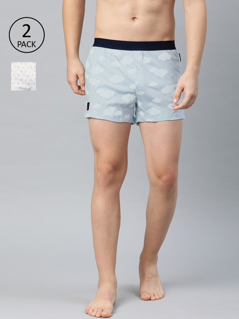 

THE BEAR HOUSE Men Pack of 2 Blue & White Knitted Pure Cotton Boxers TBH-PESCO