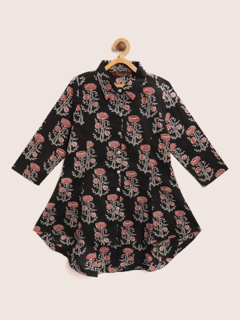 

Sangria Girls Black & Red Floral Print Longline High-Low Pure Cotton Shirt Style Top