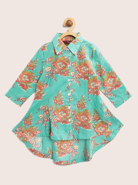 

Sangria Girls Sea Green & Pink Floral Print Longline High-Low Shirt Style Pure Cotton Top