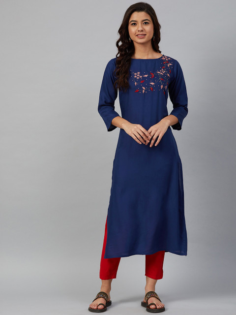 

Jompers Women Blue & Pink Yoke Design Straight Kurta