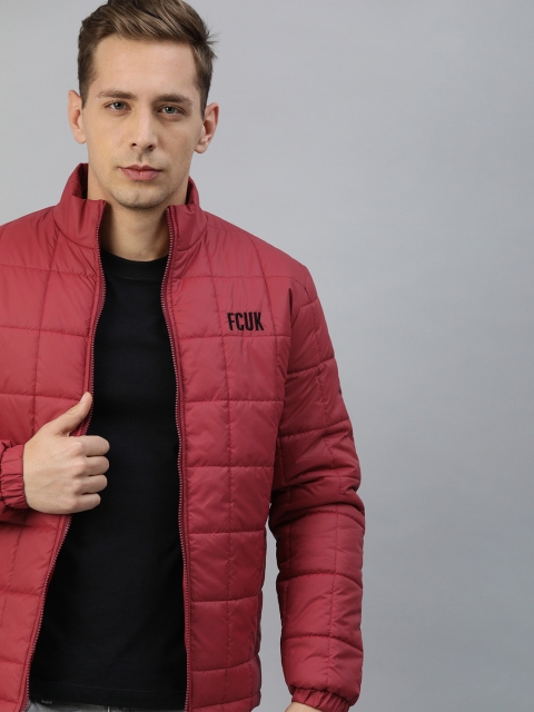 

French Connection Men Maroon Solid Quilted Jacket