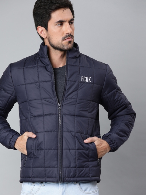 

French Connection Men Navy Blue Solid Quilted Jacket