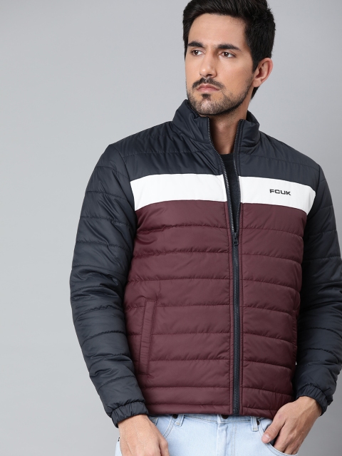 

French Connection Men Maroon & Blue Colourblocked Quilted Jacket