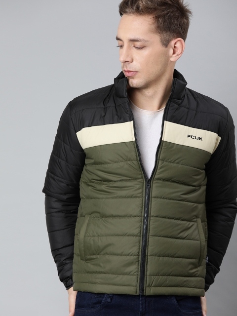 

French Connection Men Black & Olive Green Colourblocked Puffer Jacket