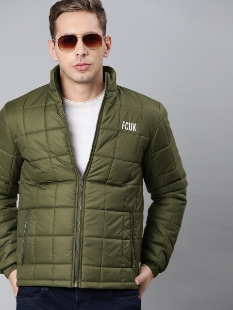 

French Connection Men Olive Green Solid Quilted Jacket