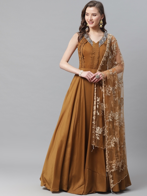 

KHALOM Women Mustard Brown Solid Ready To Wear Cocktail Gown with Dupatta