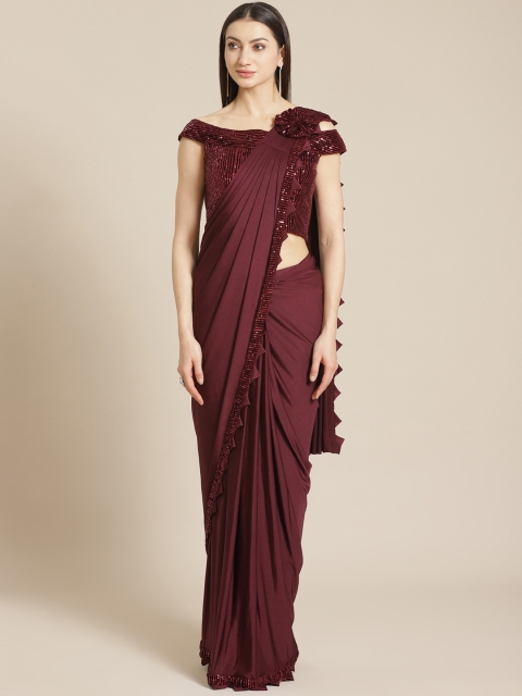 

KHALOM Burgundy Solid Ready To Wear Saree