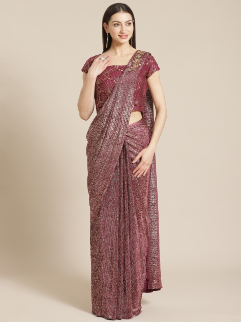 

KHALOM Wine-Coloured & Golden Printed Ready To Wear Saree, Purple
