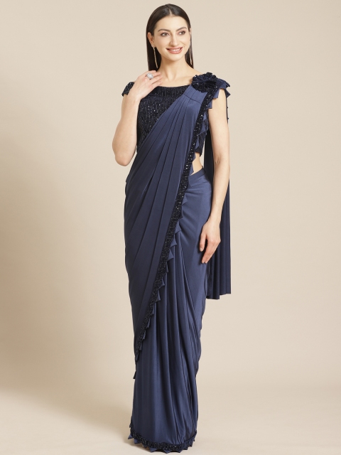 

KHALOM Navy Blue Solid Ready To Wear Saree