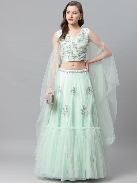 

KHALOM Sea Green & Silver Ready to Wear Zardozi Embroidered Lehenga with Blouse