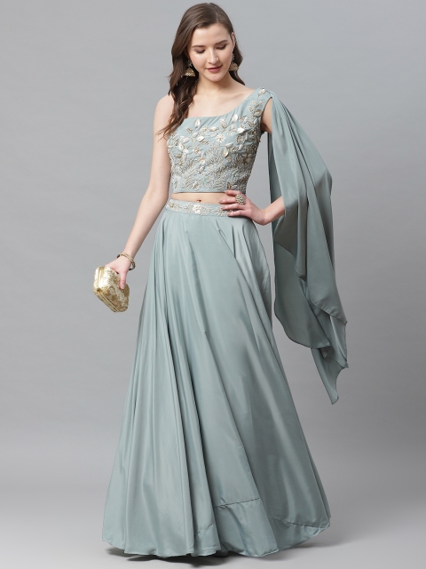 

KHALOM Blue Embellished Ready to Wear Lehenga with Blouse & Attached Dupatta