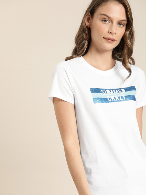 

Moda Rapido Women White & Blue Typography Print Round Neck Pure Cotton T-shirt