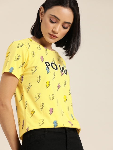 

Moda Rapido Women Yellow & Pink Flash Print T-shirt with Typography Print Detail