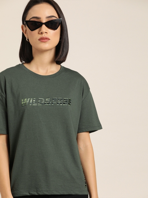 

Moda Rapido Women Green Solid Round Neck T-shirt with Typography Applique Detail