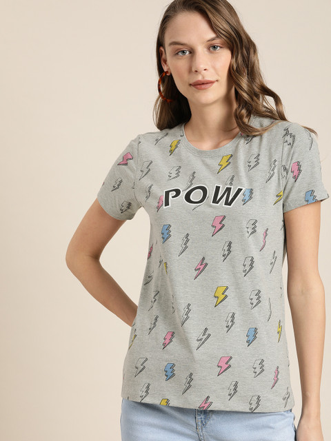 

Moda Rapido Women Grey Melange Flash Print Round Neck T-shirt with Typography Print Detail