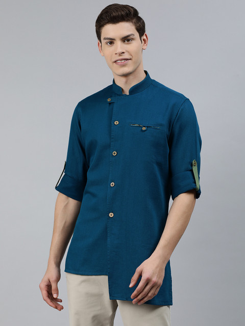 

Ethnix by Raymond Men Teal Blue Solid Straight Asymmetric Hem Kurta