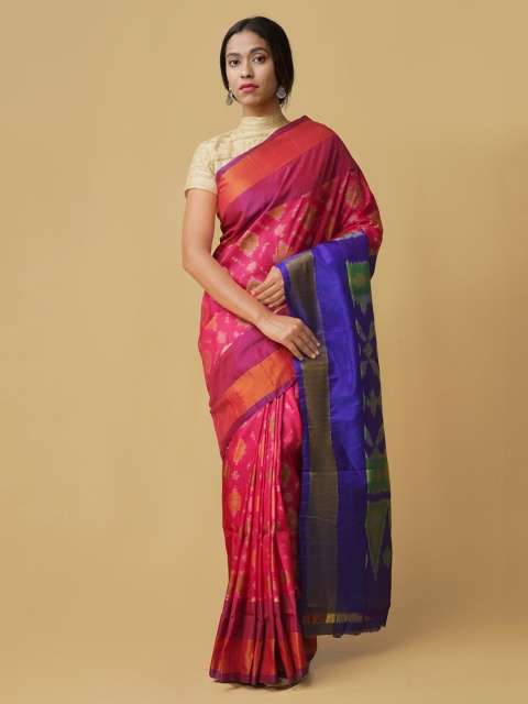 

Unnati Silks Pink & Navy Blue Silk Cotton Woven Design Handloom Pochampally Saree