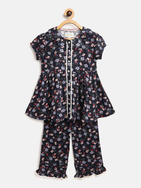 

Cherry Crumble Girls Navy Blue Floral Printed Night suit