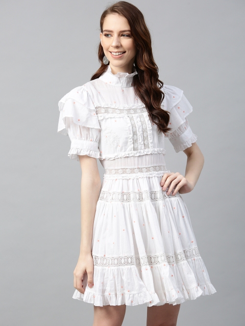 

I AM FOR YOU Women White & Coral Pink Embroidered Victorian Style Fit & Flare Dress