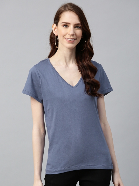 

I AM FOR YOU Women Blue Solid V-Neck T-shirt