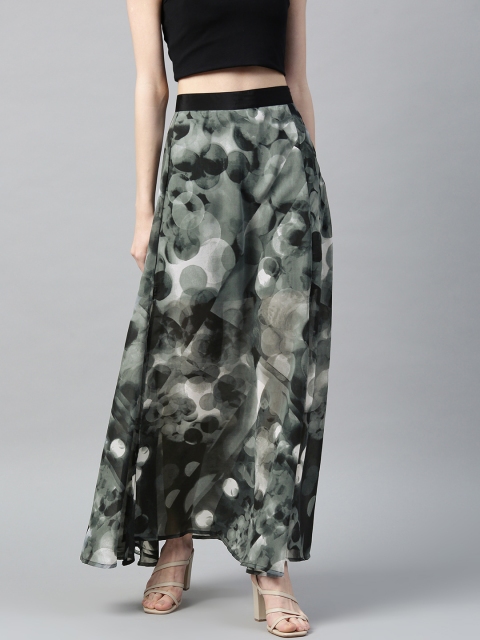 

I AM FOR YOU Women Charcoal Grey Abstract Print Sheer Maxi A-Line Skirt with Side Slit