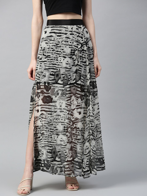 

I AM FOR YOU Women Grey & Black Abstract Print Sheer Maxi A-Line Skirt with Side Slit