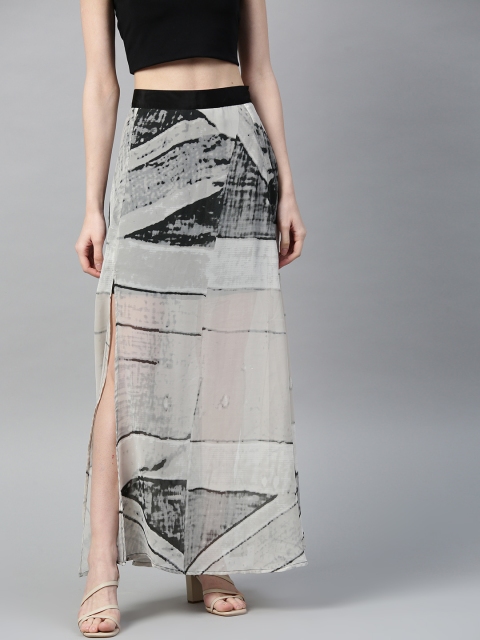 

I AM FOR YOU Women Grey & Black Abstract Print Sheer Maxi A-Line Skirt with Side Slit