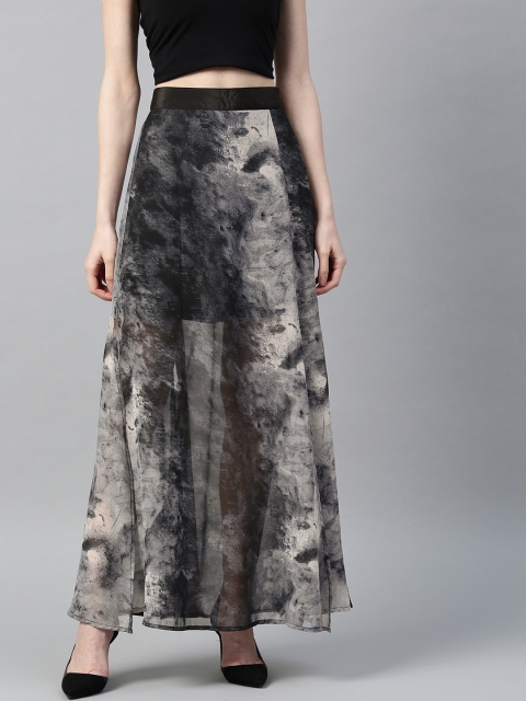 

I AM FOR YOU Women Off-White & Charcoal Grey Semi-Sheer Printed Maxi A-line Dress