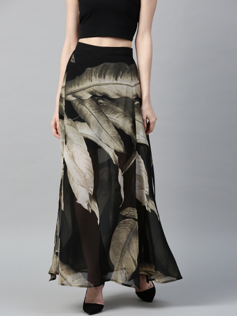 

I AM FOR YOU Women Black & Off-White Leaf Print Sheer Maxi A-Line Skirt with Side Slit