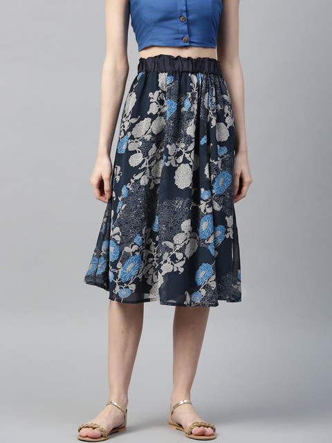 

I AM FOR YOU Women Navy & Grey Floral Print Flared Skirt, Navy blue