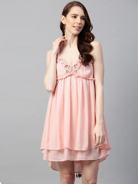

I AM FOR YOU Women Pink Solid Crochet Neck Empire Dress