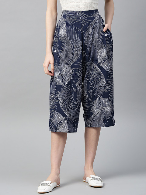 

I AM FOR YOU Women Navy Blue & White Regular Fit Printed Culottes