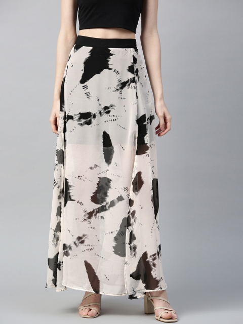 

I AM FOR YOU Women Off-White & Black Semi-Sheer Printed Maxi A-line Dress