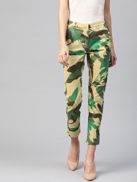 

I AM FOR YOU Women Khaki & Green Slim Fit Camouflage Print Regular Trousers