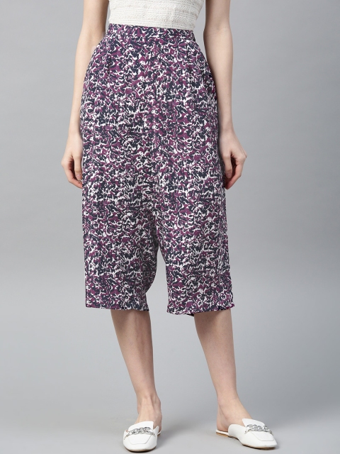 

I AM FOR YOU Women White & Purple Printed Regular Fit Culottes
