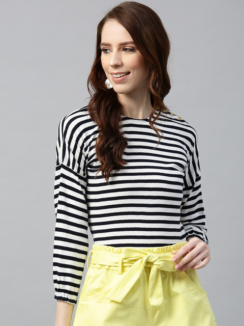 

I AM FOR YOU Women White & Black Striped Top
