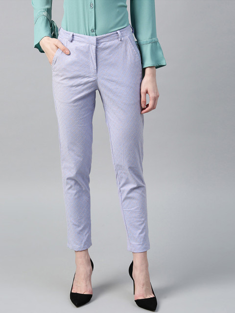 

I AM FOR YOU Women Blue & Beige Slim Fit Embroidered Regular Trousers