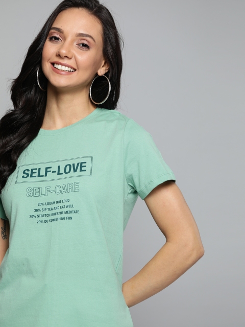 

Mast & Harbour Women Mint Green & Blue Typography Print Round Neck T-shirt