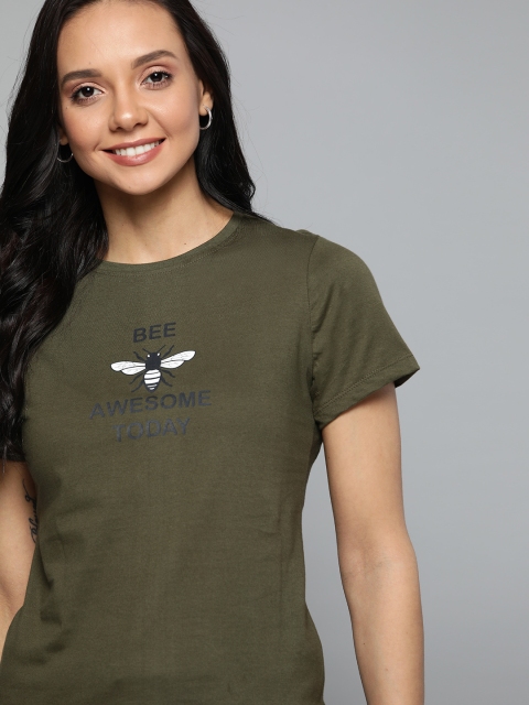 

Mast & Harbour Women Olive Green & White Honey Bee Print Round Neck T-shirt