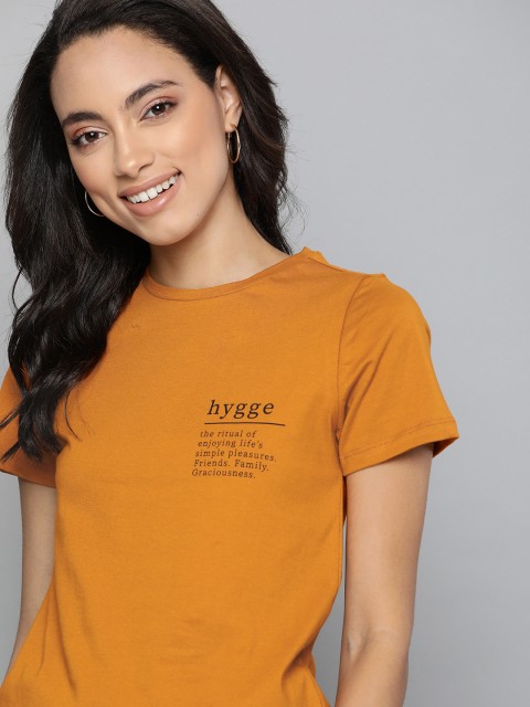 

Mast & Harbour Women Mustard Yellow Printed Detail Round Neck T-shirt