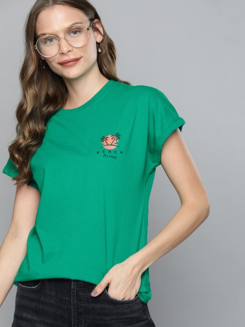 

Mast & Harbour Women Green Solid Round Neck T-shirt